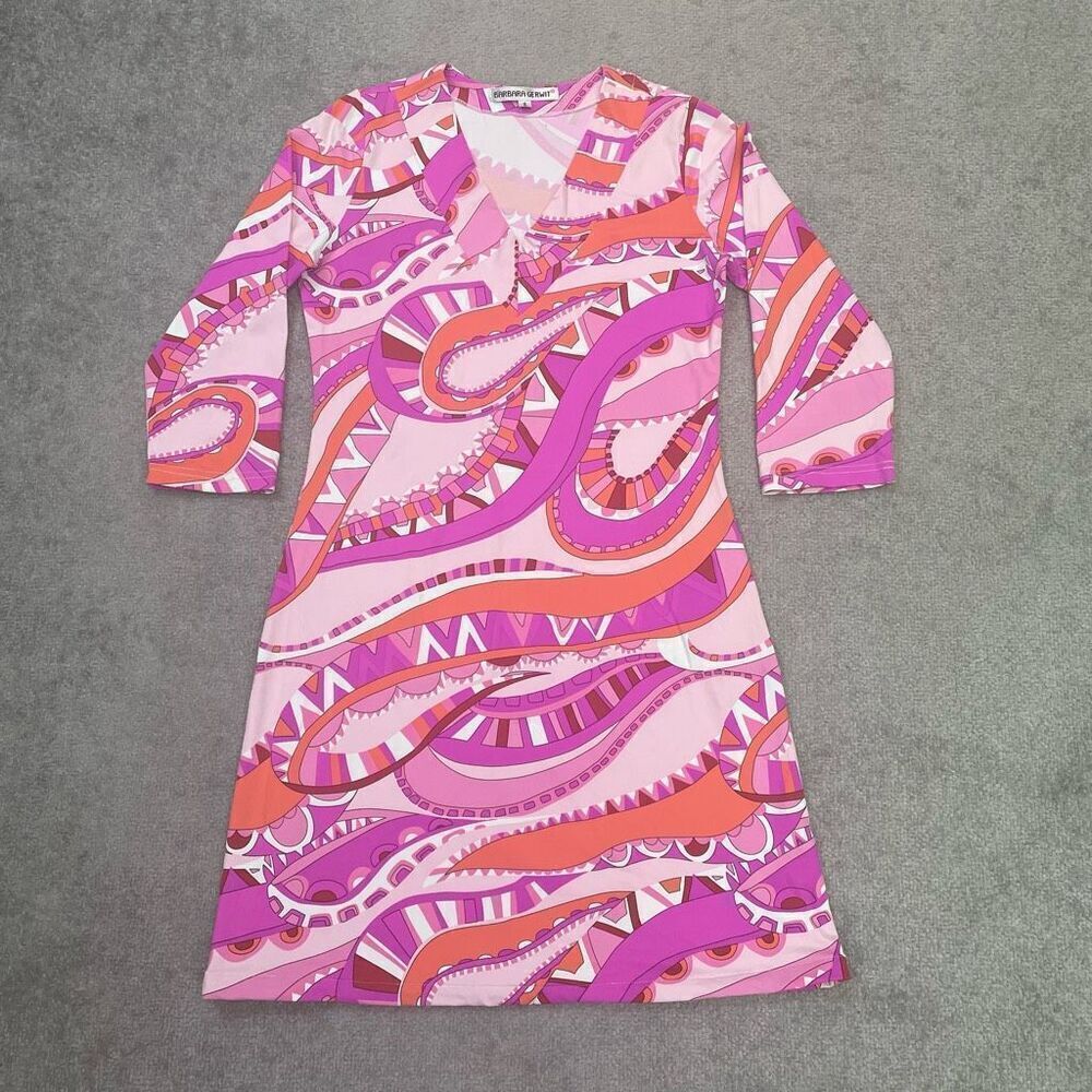 Barbara Gerwit Womens Abstract 3/4 Sleeve Jersey Mini Dress Purple Coral Small